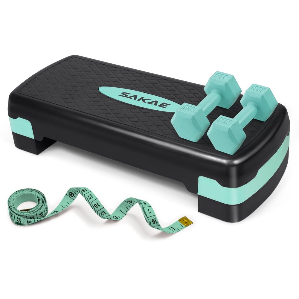 Adjustable Height Aerobic Stepper Set with 2 Dumbbells & Measuring Tape, Workout Exercise Step Platform w/Level Risers, Green Black, the Ultimate Gift for a Joyful Holiday and Merry Christmas