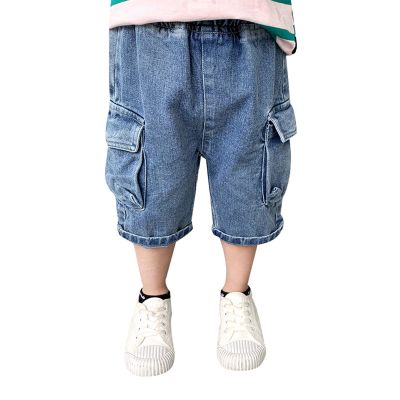 Baby Boys Pull On Jeans Denim Cargo Pants Toddler Kids Loose Elastic Waist Cropped Trouser with Pocket (Blue, 3-4 Years)