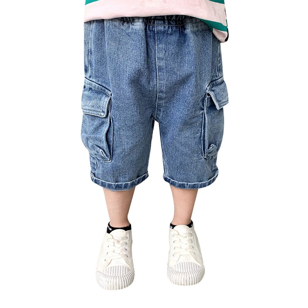 Baby Boys Pull On Jeans Denim Cargo Pants Toddler Kids Loose Elastic Waist Cropped Trouser with Pocket (Blue, 3-4 Years)