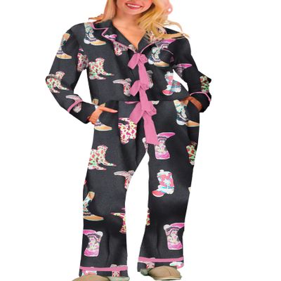 KMBANGI Women Santa Bow Tie Pajama Set Christmas Long Sleeve Shirt Pants Pj Silky Satin Graphic 2Piece Holiday Sleepwear(Boots Bowtie,L)