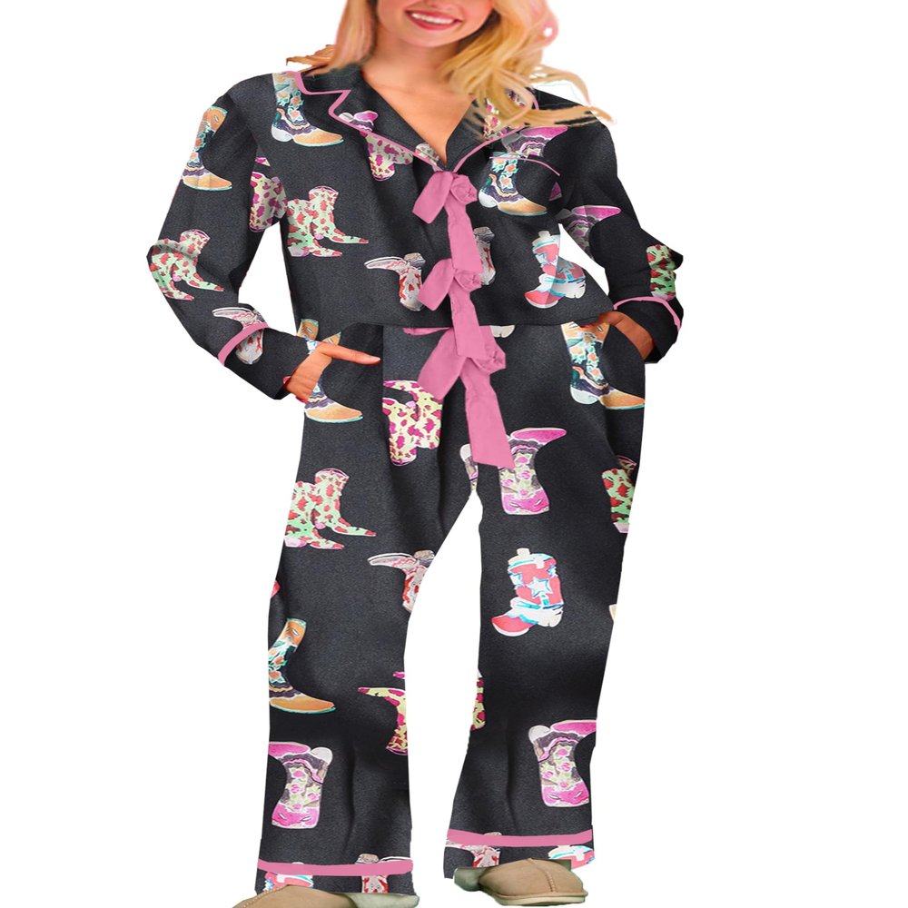 KMBANGI Women Santa Bow Tie Pajama Set Christmas Long Sleeve Shirt Pants Pj Silky Satin Graphic 2Piece Holiday Sleepwear(Boots Bowtie,L)