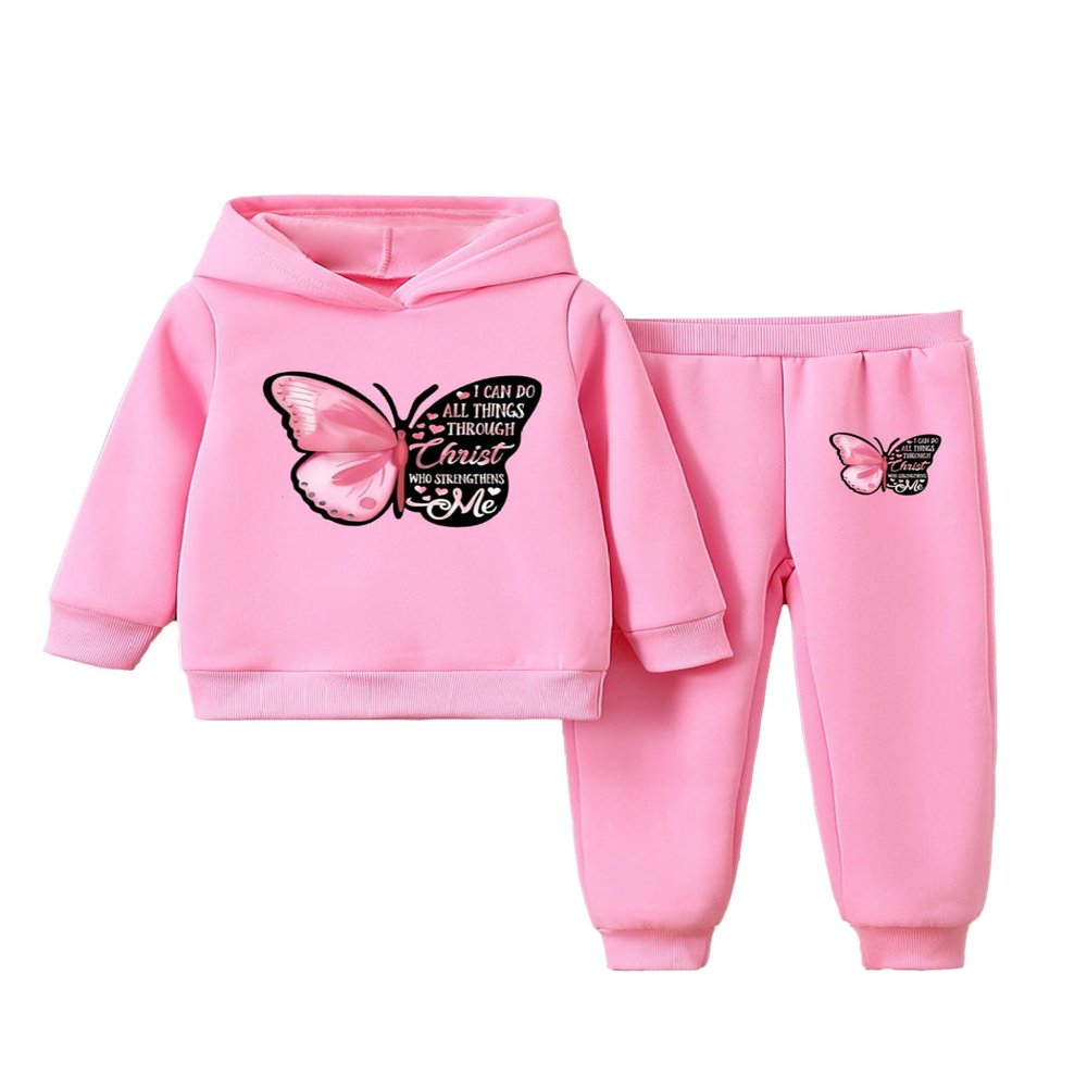 Lorilida Kids Boys Girls 2Pcs Sweatsuit Long Sleeve Butterfly Print Hoodie Sweatshirts with Sweatpants Sports Suit Pink 7-8 Years