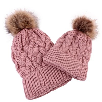 Ayuduots 2PCS Winter Parent-Child Hat, Pompom Knitted Hats for Baby and Mom, Faux Fur Balls Thicken Skull Cap Khaki