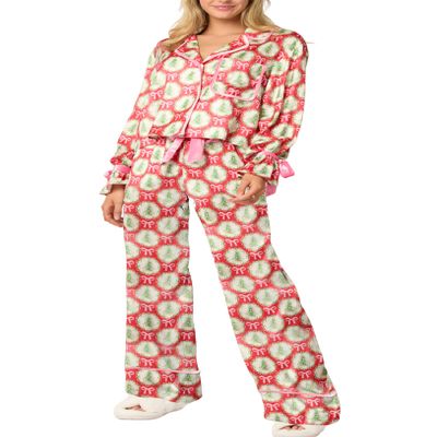 KMBANGI Women Santa Bow Tie Pajama Set Christmas Long Sleeve Shirt Pants Christmas Tree Bow Pj Silky Satin Graphic 2Piece Holiday Sleepwear(Cute Tree Red,S)