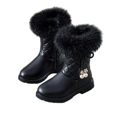 Auhoho Girls Winter Mid-Calf Leather Warm Fur Boots Side Zipper Bowknot Pearl Princess Booties 11.5 Little Kid,Black
