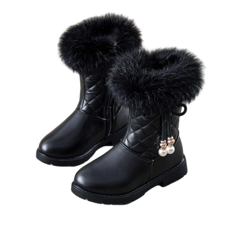 Auhoho Girls Winter Mid-Calf Leather Warm Fur Boots Side Zipper Bowknot Pearl Princess Booties 11.5 Little Kid,Black