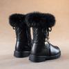 Auhoho Girls Winter Mid-Calf Leather Warm Fur Boots Side Zipper Bowknot Pearl Princess Booties 11.5 Little Kid,Black view 2