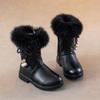 Auhoho Girls Winter Mid-Calf Leather Warm Fur Boots Side Zipper Bowknot Pearl Princess Booties 11.5 Little Kid,Black view 3