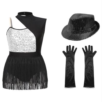 iiniim Women Fringe Leotard Sequin Leotards Rumba Salsa Jazz Dance Outfit with Gloves Hat Dance Costumes Silver XX-Large