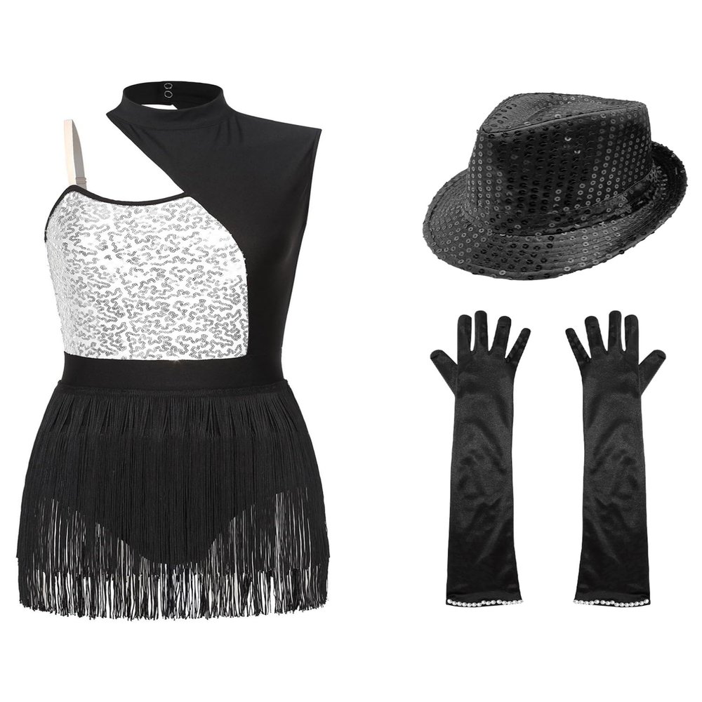 iiniim Women Fringe Leotard Sequin Leotards Rumba Salsa Jazz Dance Outfit with Gloves Hat Dance Costumes Silver XX-Large