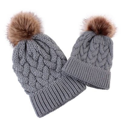 Ayuduots 2PCS Winter Parent-Child Hat, Pompom Knitted Hats for Baby and Mom, Faux Fur Balls Thicken Skull Cap Grey