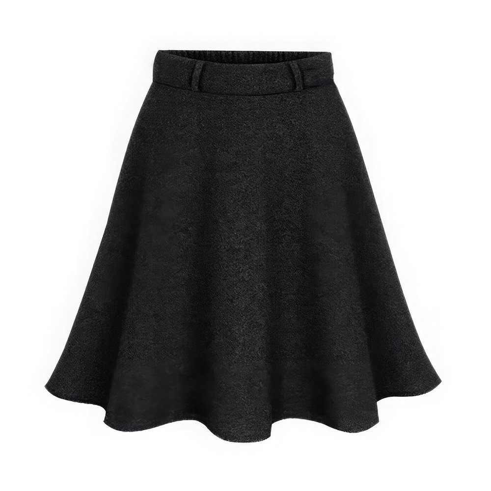 ebossy Women's Elegant Wool Midi Skirt Back Elastic Waist Pleated A-Line Flare Woolen Skirt with Belt Loops (M, Black)