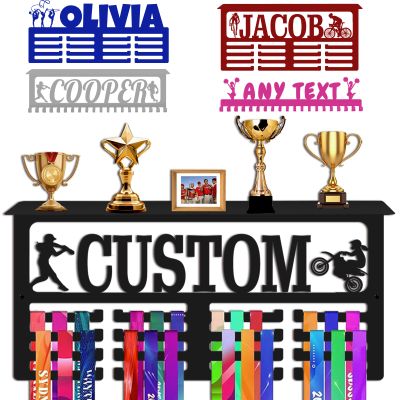 Xiuyours Personalized Medal Holder with Name Shelf Custom Hanger Display for Awards Ribbons Wall Gymnastics Runners Boys Girls Kids Customized Gift Sports Display Metal Medal Rack