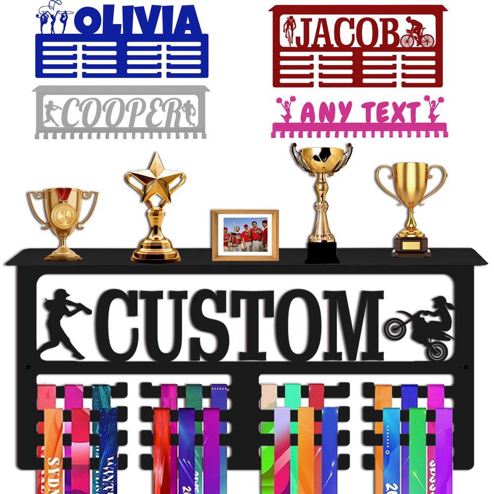 Xiuyours Personalized Medal Holder with Name Shelf Custom Hanger Display for Awards Ribbons Wall Gymnastics Runners Boys Girls Kids Customized Gift Sports Display Metal Medal Rack