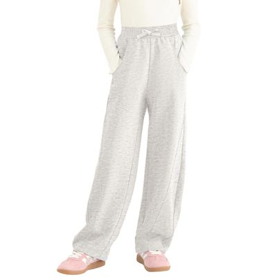 Rolanko Girls Wide Leg Pants High Waist Sweat Pants for Kids Trousers with Pockets Sweatpants (LightGrey, 8-10)