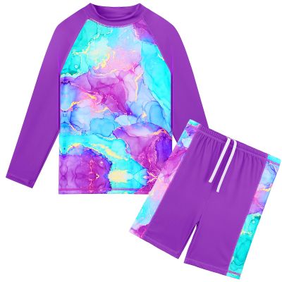 TFJH E Long Sleeve Girls Swimwear UV 50+ 2PCS Bathing Suits Rash Guard Sets 5T 6T Purple Marble 116/122