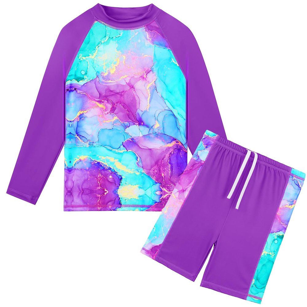 TFJH E Long Sleeve Girls Swimwear UV 50+ 2PCS Bathing Suits Rash Guard Sets 5T 6T Purple Marble 116/122