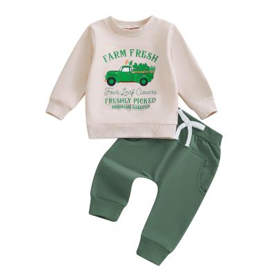 Frietlebird Baby Boy St Patricks Day Outfit Letters Print Crewneck Sweatshirt with Pants Cute St Patricks Day Baby Boy Outfit (P-Khaki Farm Fresh,6-12 Months)