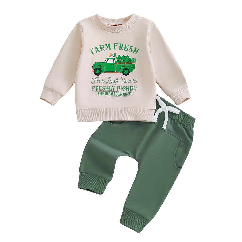 Frietlebird Baby Boy St Patricks Day Outfit Letters Print Crewneck Sweatshirt with Pants Cute St Patricks Day Baby Boy Outfit (P-Khaki Farm Fresh,6-12 Months)
