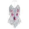 ABAFIP Women's Sequin Fringe Dance Bodysuit Halter V-Neck Sparkly Tassel Leotard Rave Festival Outfit Silver Medium