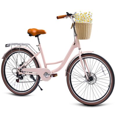 DEYGIA Kids Bike, Cruiser Bike for Girls, 26 inch 7 Speed Kids' Bicycles with Rattan Basket and Adjustable Seat, Lightweight Step Bike for Kids Girls Boys Teenagers, Pink