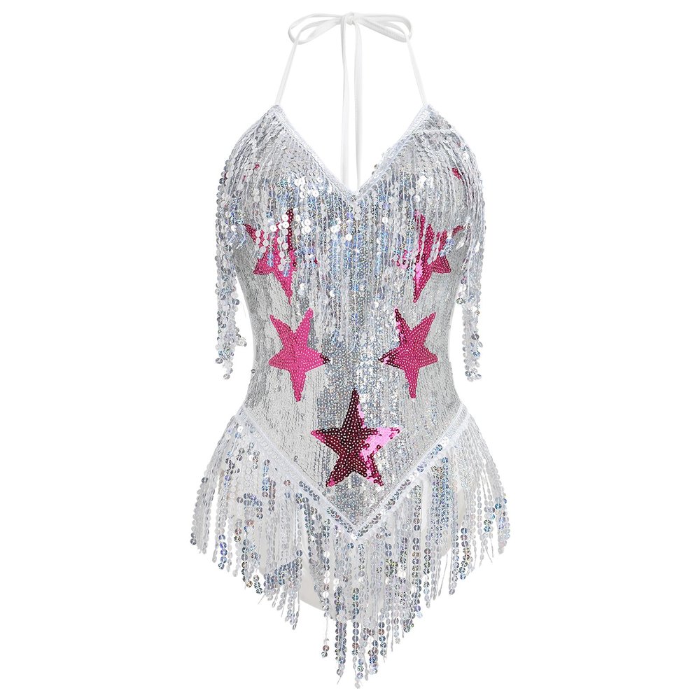 ABAFIP Women's Sequin Fringe Dance Bodysuit Halter V-Neck Sparkly Tassel Leotard Rave Festival Outfit Silver Small