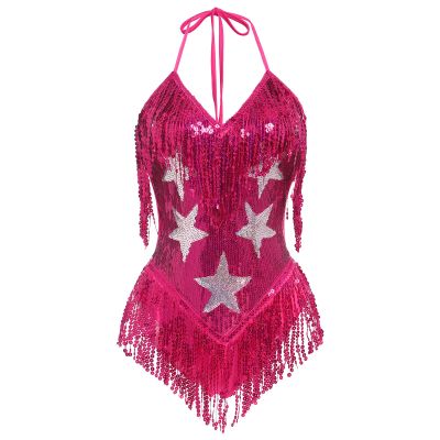 ABAFIP Women's Sequin Fringe Dance Bodysuit Halter V-Neck Sparkly Tassel Leotard Rave Festival Outfits Rose Large