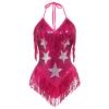 ABAFIP Women's Sequin Fringe Dance Bodysuit Halter V-Neck Sparkly Tassel Leotard Rave Festival Outfits Rose Large view 1