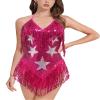 ABAFIP Women's Sequin Fringe Dance Bodysuit Halter V-Neck Sparkly Tassel Leotard Rave Festival Outfits Rose Large view 3