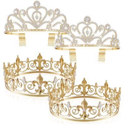 Henoyso 4 Pcs Prom King and Queen Crowns for Men Women Tiara Valentine's Day Party Galentine Wedding, Birthday, Homecoming(Gold,Vintage Style)