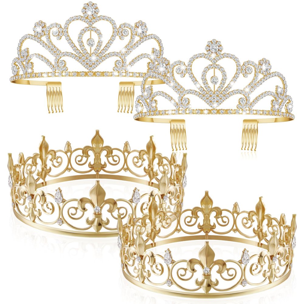 Henoyso 4 Pcs Prom King and Queen Crowns for Men Women Tiara Valentine's Day Party Galentine Wedding, Birthday, Homecoming(Gold,Vintage Style)