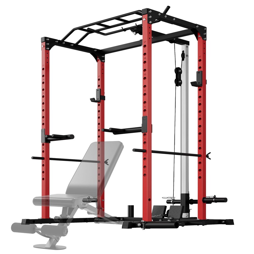 Power Cage, 1200lbs Weight Capacity, Multi-Function Squat Rack with Optional Pulley System and Dip Handles, Weight Cage with Training Attachments for Home Gym