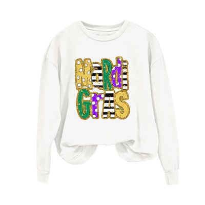 Women's Tops Mardi Gras Letter Print Round Neck Long Sleeve Carnival Festival Sweatshirt Outdoor Sport Hiking Outfits White