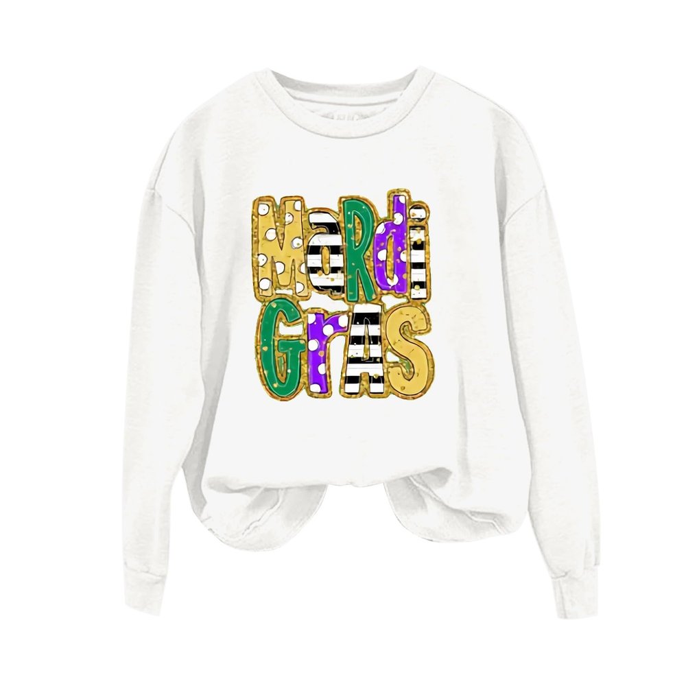Women's Tops Mardi Gras Letter Print Round Neck Long Sleeve Carnival Festival Sweatshirt Outdoor Sport Hiking Outfits White