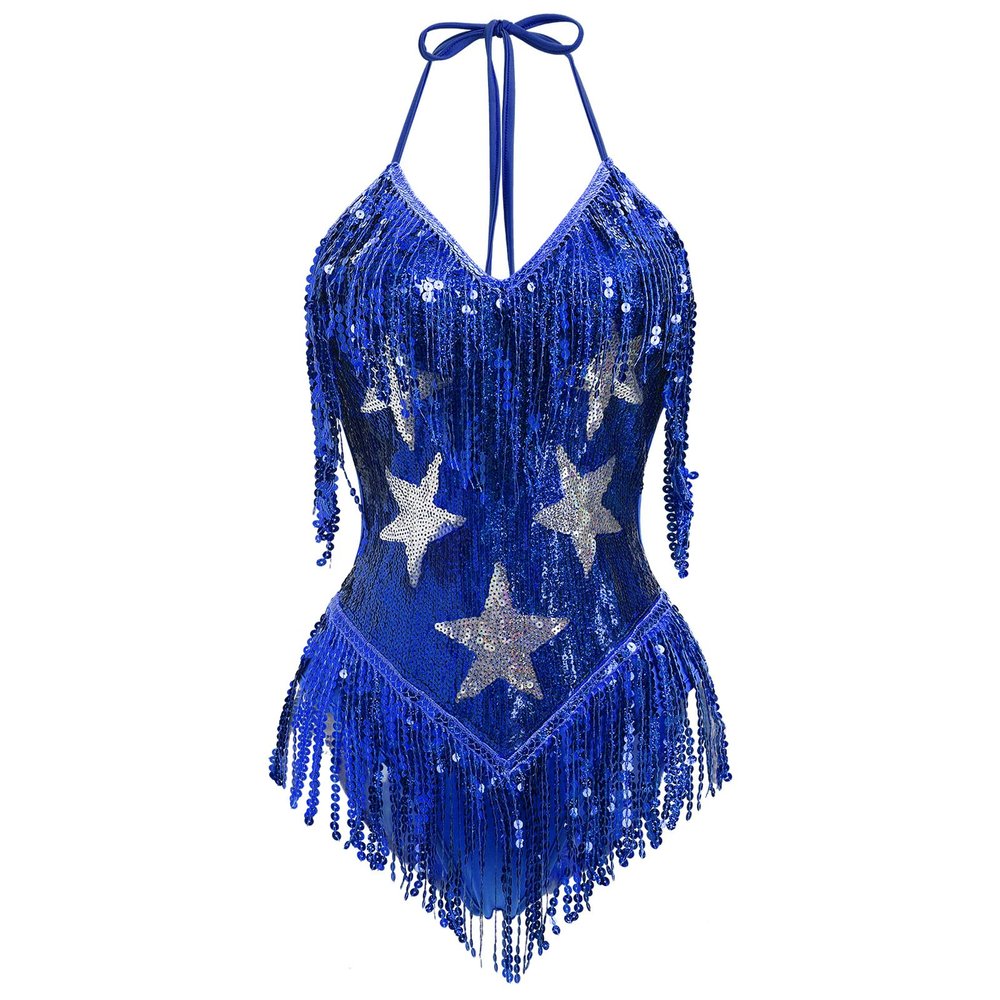 ABAFIP Women's Sequin Fringe Dance Bodysuit Halter V-Neck Sparkly Tassel Leotard Rave Festival Outfits Royal Blue Large