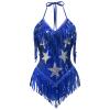 ABAFIP Women's Sequin Fringe Dance Bodysuit Halter V-Neck Sparkly Tassel Leotard Rave Festival Outfits Royal Blue Large view 1