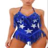 ABAFIP Women's Sequin Fringe Dance Bodysuit Halter V-Neck Sparkly Tassel Leotard Rave Festival Outfits Royal Blue Large view 3