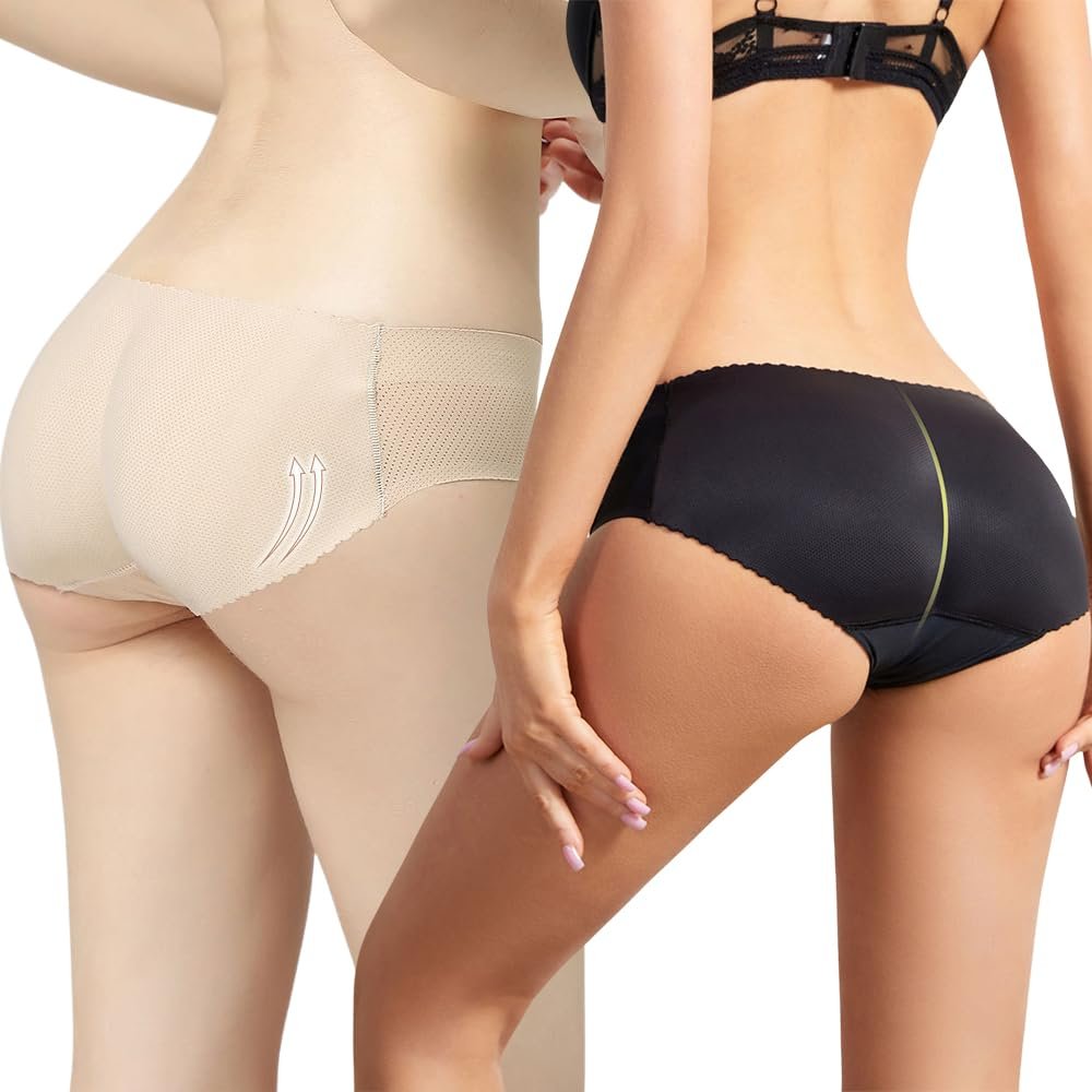 Aimery women 2pcs Seamless Fake Buttocks Butt Lifter Shapewear Padded Booty Pads Control Panties Hip Enhancer Underwear Body Shape Panty Low-Black/Beige-M