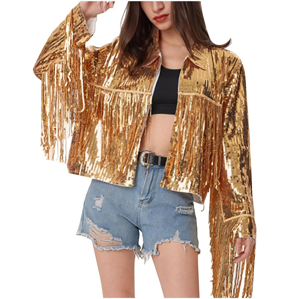 NATHGAM Women's Glitter Fringe Jacket Sparkly Shiny Tassel Cowgirl Outfit Y2k 90s Sequin Streetwear Disco Party Evening Coat