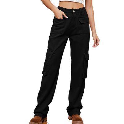 Cargo Pants Womens Heavyweight Hiking Sweatpants Fall Fashion High Waist Straight Leg Casual Streetwear Black
