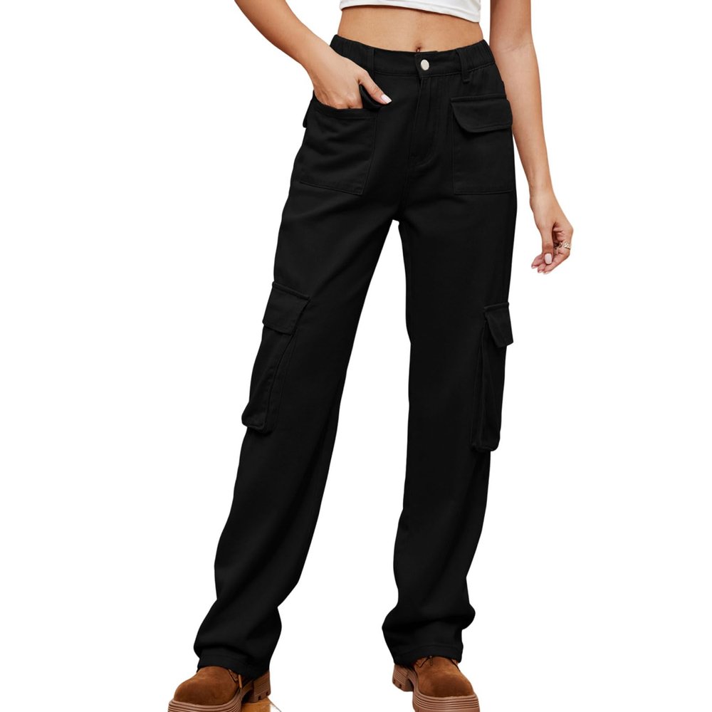 Cargo Pants Womens Heavyweight Hiking Sweatpants Fall Fashion High Waist Straight Leg Casual Streetwear Black