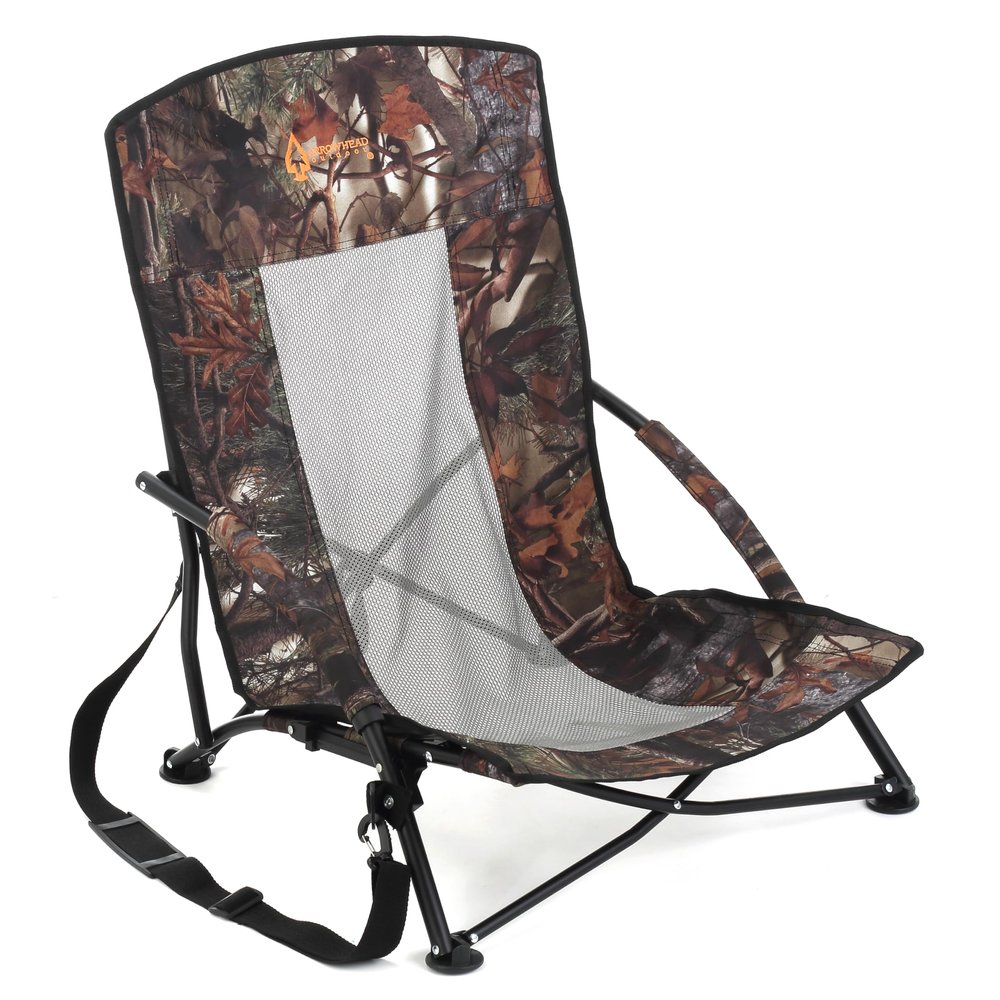 ARROWHEAD OUTDOOR Portable Folding Turkey Hunting Blind Chair with Padded Armrest, No-Sink Feet and Shoulder Strap, Camouflage, Low Profile, Mesh Seat