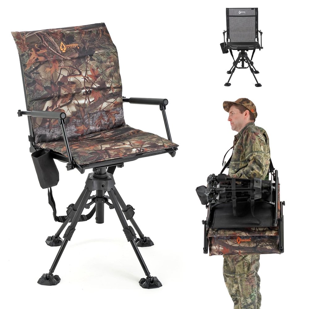 ARROWHEAD OUTDOOR Wide Folding 360 Hunting Swivel Blind Chair with Removable Camouflage Seat Pad, Armrest, No-Sink Feet, Shoulder Strap, Mesh Chair, Adjustable Height