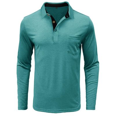 Quarter Button Shirts for Men Long Sleeve Casual Dress T Shirt with Pocket Lightweight Lapel Casual Work Golf Shirts Lake Green