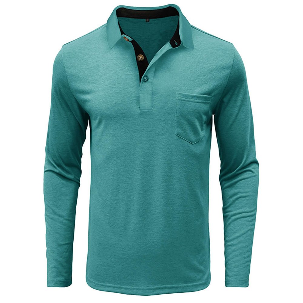 Quarter Button Shirts for Men Long Sleeve Casual Dress T Shirt with Pocket Lightweight Lapel Casual Work Golf Shirts Lake Green
