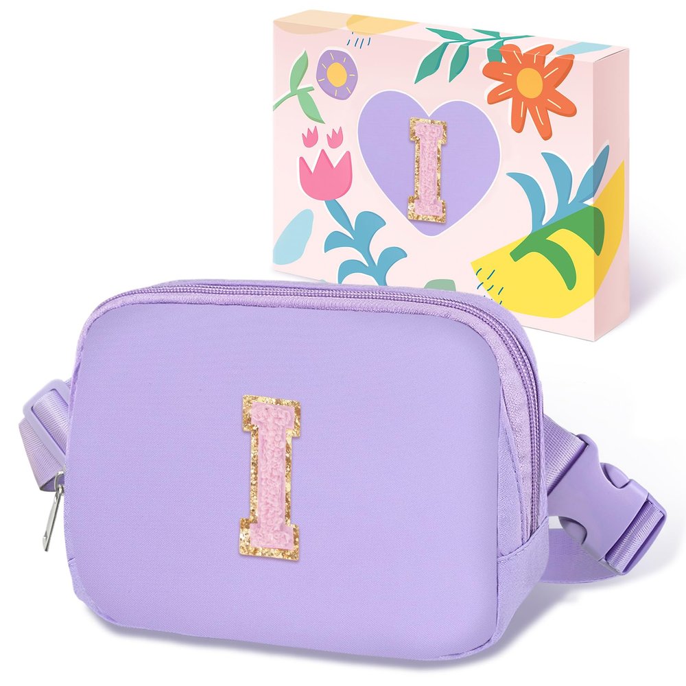 COSHAYSOO Valentines Birthday Initial Gifts for Teen Girls 5 6 7 8 9 10 11 12 13 14 Year Old Purple Fanny Pack for Girls Belt Bag Crossbody Travel Purse Unique Trendy Preppy Stuff Chenille Letter I