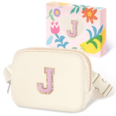COSHAYSOO Valentines Birthday Initial Gifts for Women Teen Girls 5 6 7 8 9 10 11 12 13 14 Year Old Ivory Fanny Pack for Girls Belt Bag Crossbody Travel Purse Unique Trendy Cute Stuff Chenille Letter J
