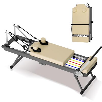 Foldable Pilates Reformer Machine with Double Resistance System, 330 lbs Capacity Home Gym Equipment with Adjustable Resistance & Height, Compact & Portable for Full-Body Workouts (Beige)