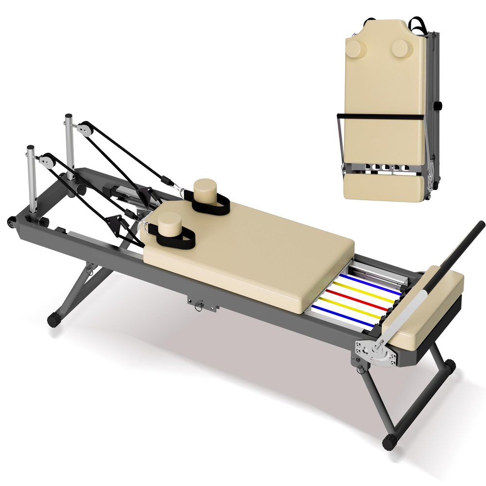 Foldable Pilates Reformer Machine with Double Resistance System, 330 lbs Capacity Home Gym Equipment with Adjustable Resistance & Height, Compact & Portable for Full-Body Workouts (Beige)