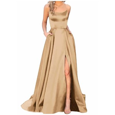 Beige Ballgowns Womens Dress Formal Sleeveless Backless Winter Party Maxi Dress Off The Shoulder Slip Satin Party Dresses for Women Elegant Classy Flowy Sexy Dress with Pockets XXL